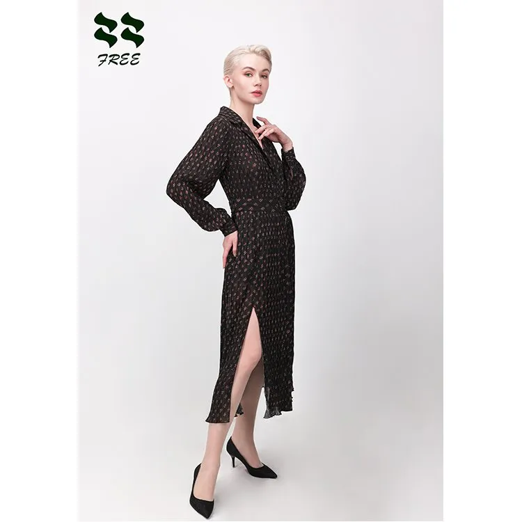 Pleated Long Sleeve Slim Collar Dress With Formal High Slit